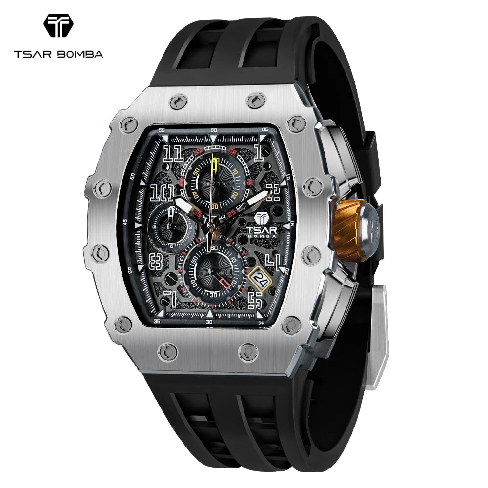 TSAR BOMBA Watch for Men Luxury Brand Tonneau Design Waterproof Clock Stainless Steel Wristwatch Fashion Rectangle Mens Watch