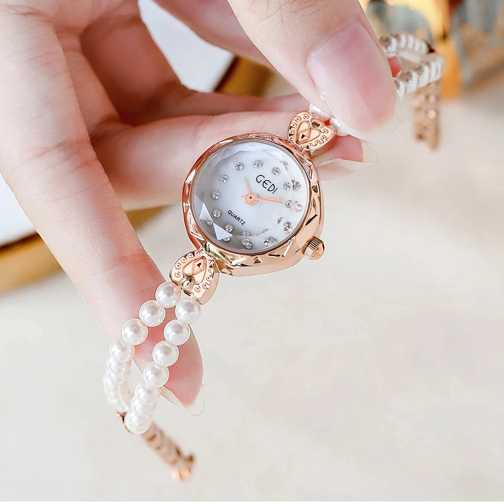 Pulsera de perlas blancas, reloj de cuarzo para mujer, reloj de pulsera elegante a la moda para mujer, relojes femeninos, regalo femenino