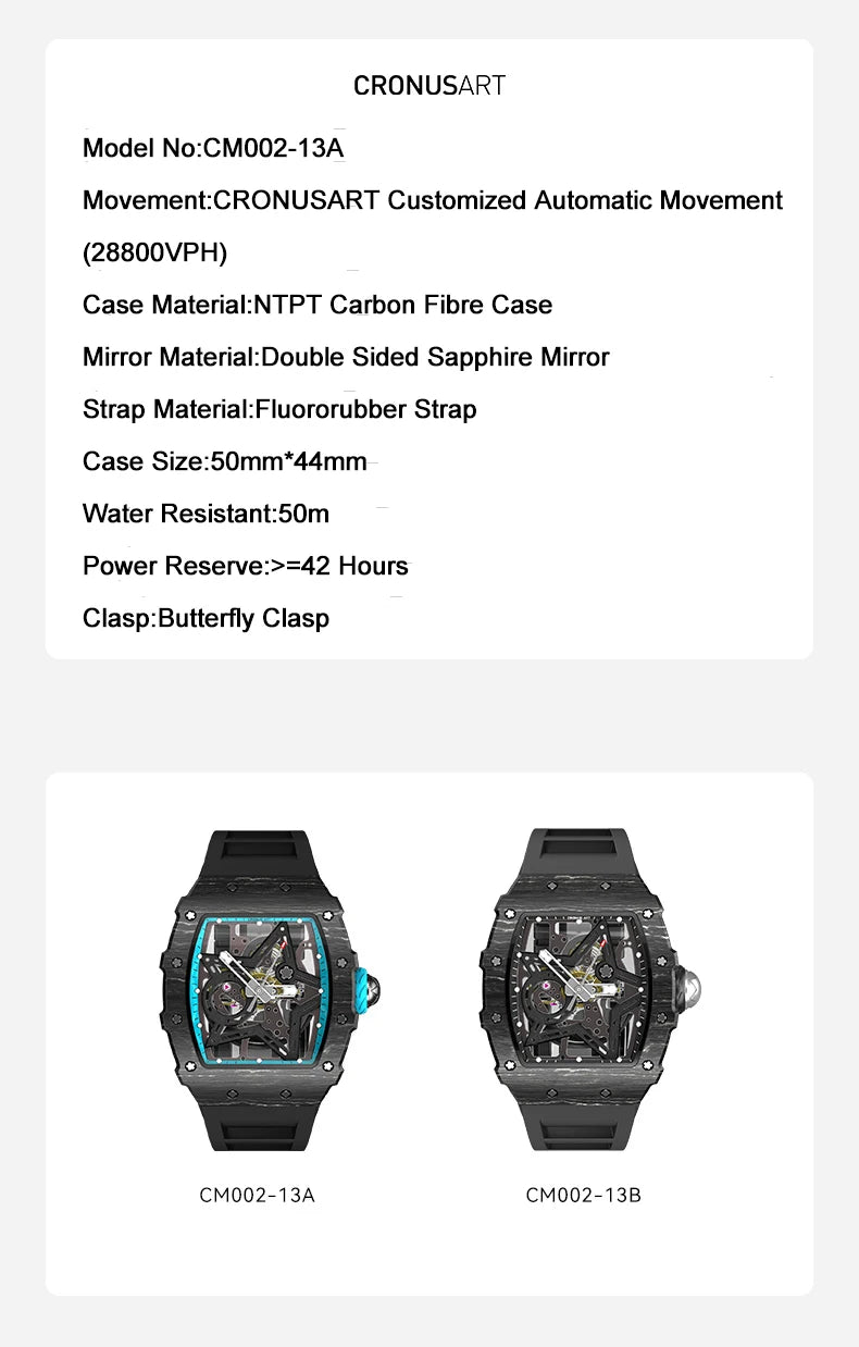 CRONUSART Men Automatic Watch Luxury Tonneau Mechanical Wristwatch Carbon Fibre Case Luminous Fluororubber Strap Skeleton Dial