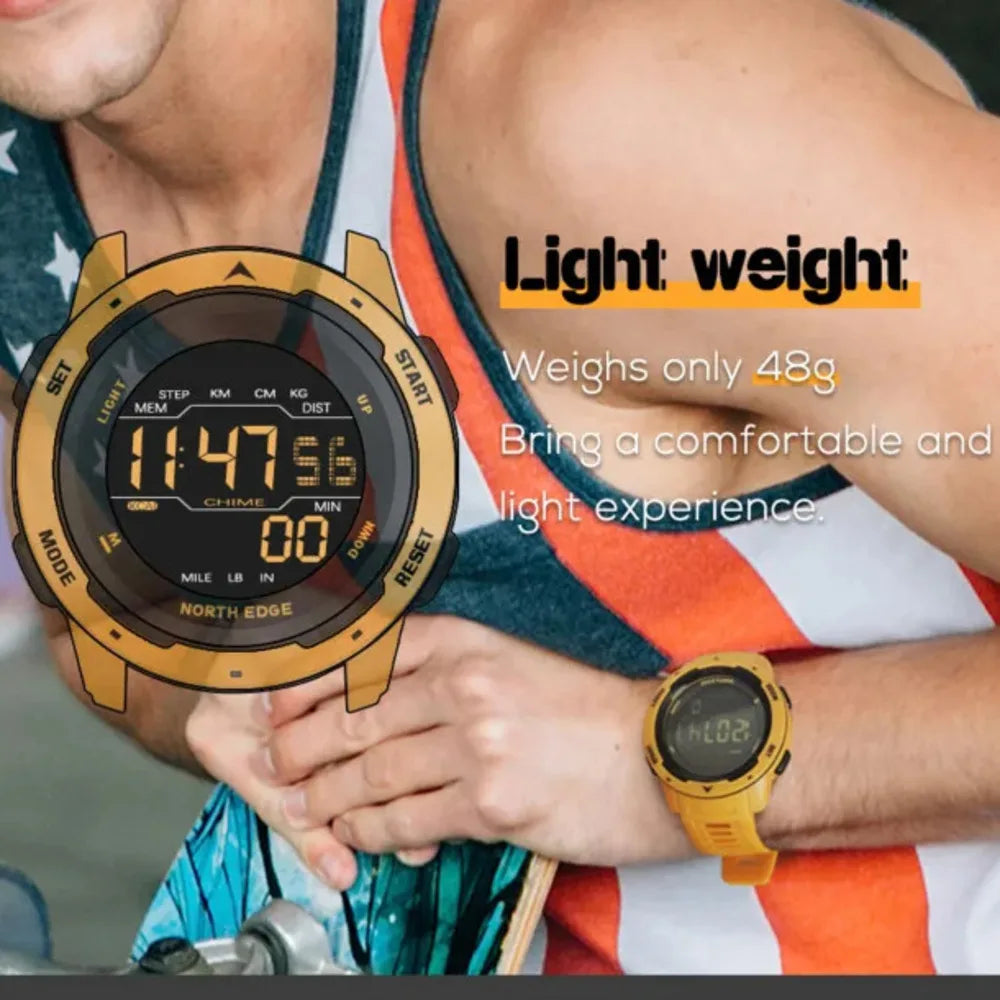 NORTH EDGE Reloj deportivo para hombre y mujer, reloj deportivo con doble horario, podómetro, cuenta atrás, resistente al agua, 50m, alarma Digital, relojes para hombre