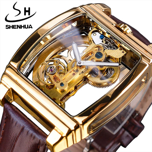 SHENHUA-reloj mecánico automático transparente, de lujo, resistente al agua, con banda de cuero, esqueleto, Tourbillion, luminoso, dorado