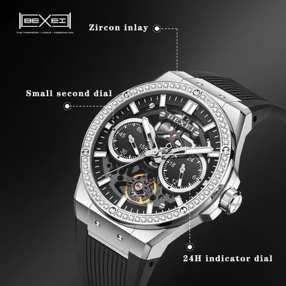 BEXEI 9129 relojes para hombre, relojes mecánicos con movimiento automático, 60 incrustaciones de circonio, espejo de zafiro sintético luminoso, resistente al agua