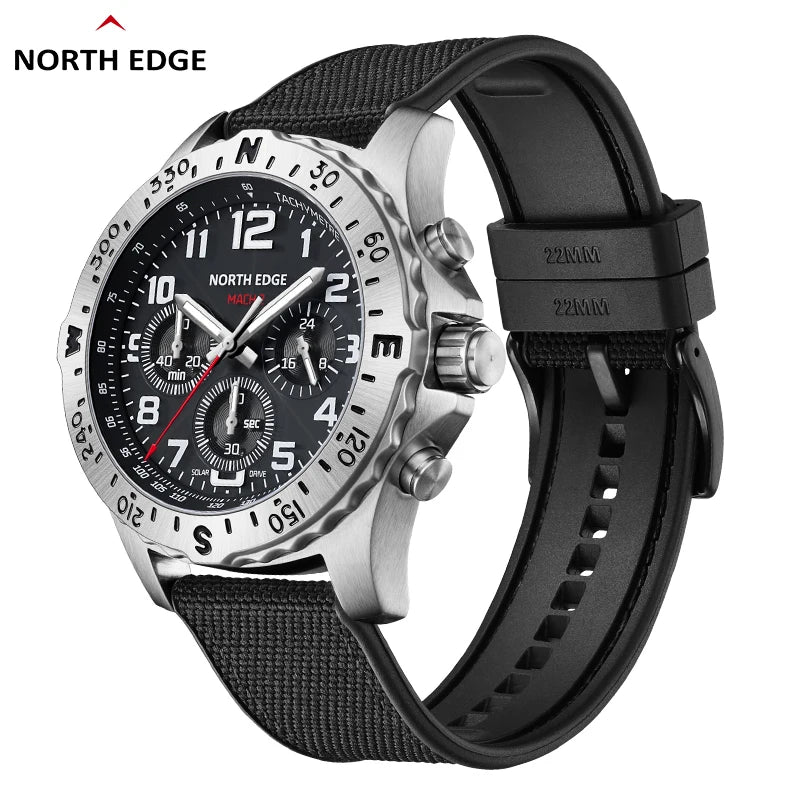 NORTH EDGE 2024 MACH 2 relojes para hombre con energía Solar 316 caja de acero inoxidable reloj de cuarzo para hombre piloto resistente al agua cronómetro de 50M