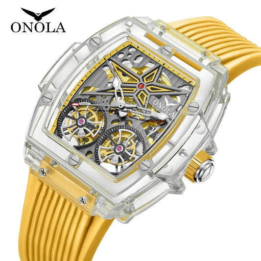 Relojes para hombre ONOLA, reloj mecánico completamente automático hueco de plástico transparente a la moda de lujo para hombre, reloj resistente al agua