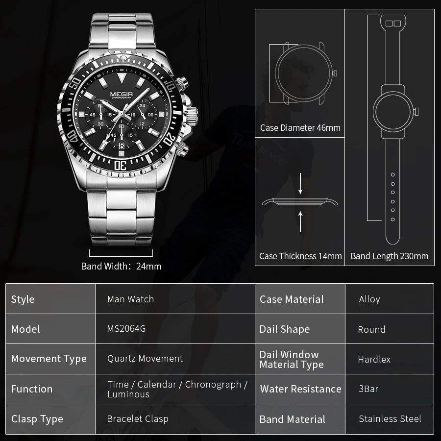 MEGIR Luxury Men Watches Sports Quartz Chronograph Stainless Steel Bracelet Large Dial Business Waterproof Luminous Date Clock