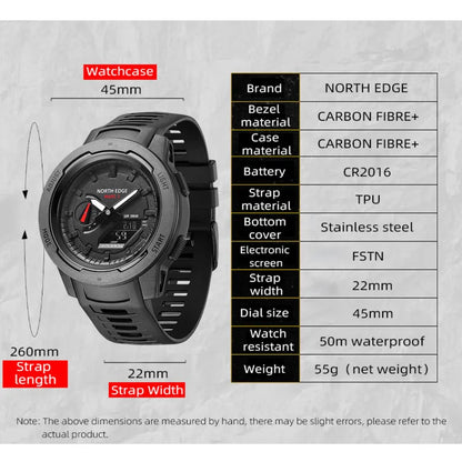 NORTH EDGE メンズ腕時計 MARS3 45MM カーボンファイバーケース ストップウォッチ 目覚まし時計 ワールドタイム 防水 50M メンズ腕時計 腕時計 男性