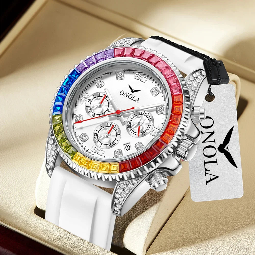 Reloj de cuarzo para hombre de alta calidad con diamantes de colores a la moda ONOLA cinta de silicona reloj resistente al agua reloj para hombre