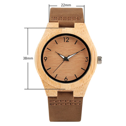 Reloj de pulsera de cuarzo para mujer con esfera marrón café de moda de madera de bambú correa de reloj de cuero genuino reloj de pulsera de madera de estilo Natural para mujer