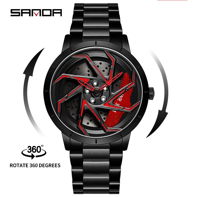 Sanda P1088 Venta caliente reloj de pulsera de acero inoxidable movimiento de cuarzo Premium llanta de coche en forma de rueda esfera giratoria reloj Masculino