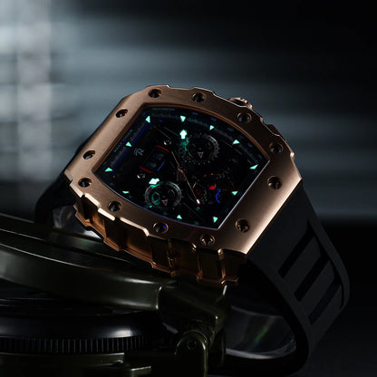 REEF TIGER Titan Rose Gold Tonneau Relojes mecánicos automáticos para hombre Reloj de goma luminoso multifunción Orologio da uomo RGA3009