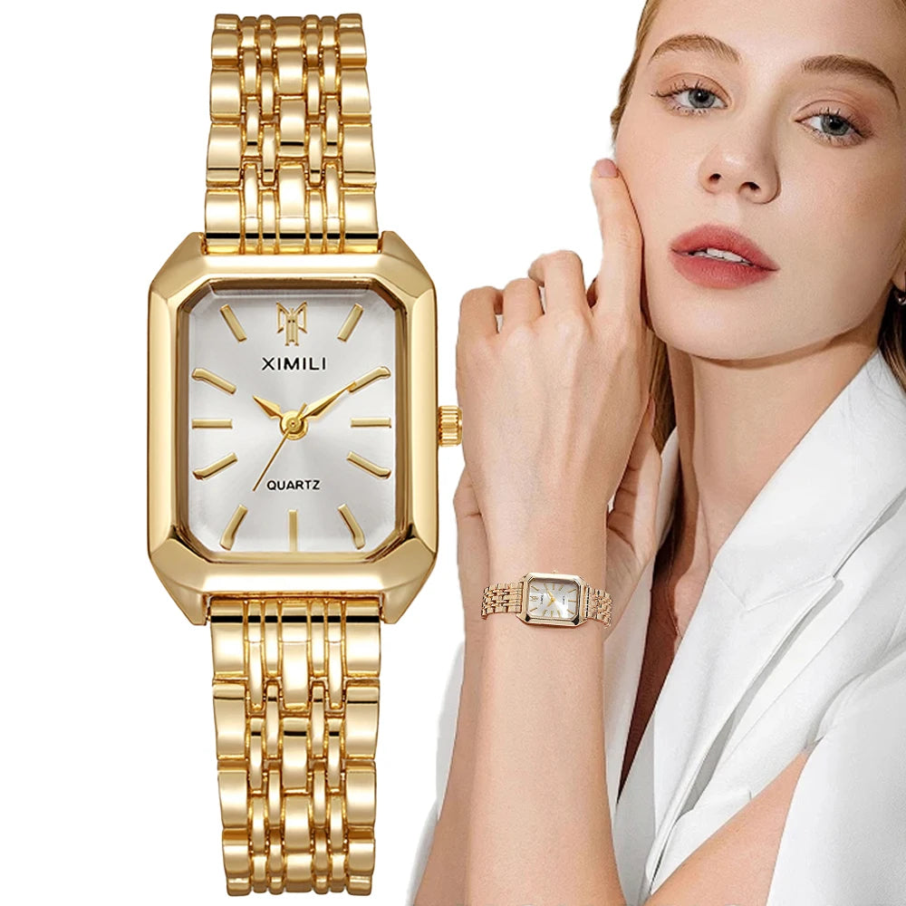 Reloj de cuarzo de lujo para mujer, relojes de mujer chapados en oro de calidad cuadrada con escala Simple, reloj plegable de acero inoxidable de negocios