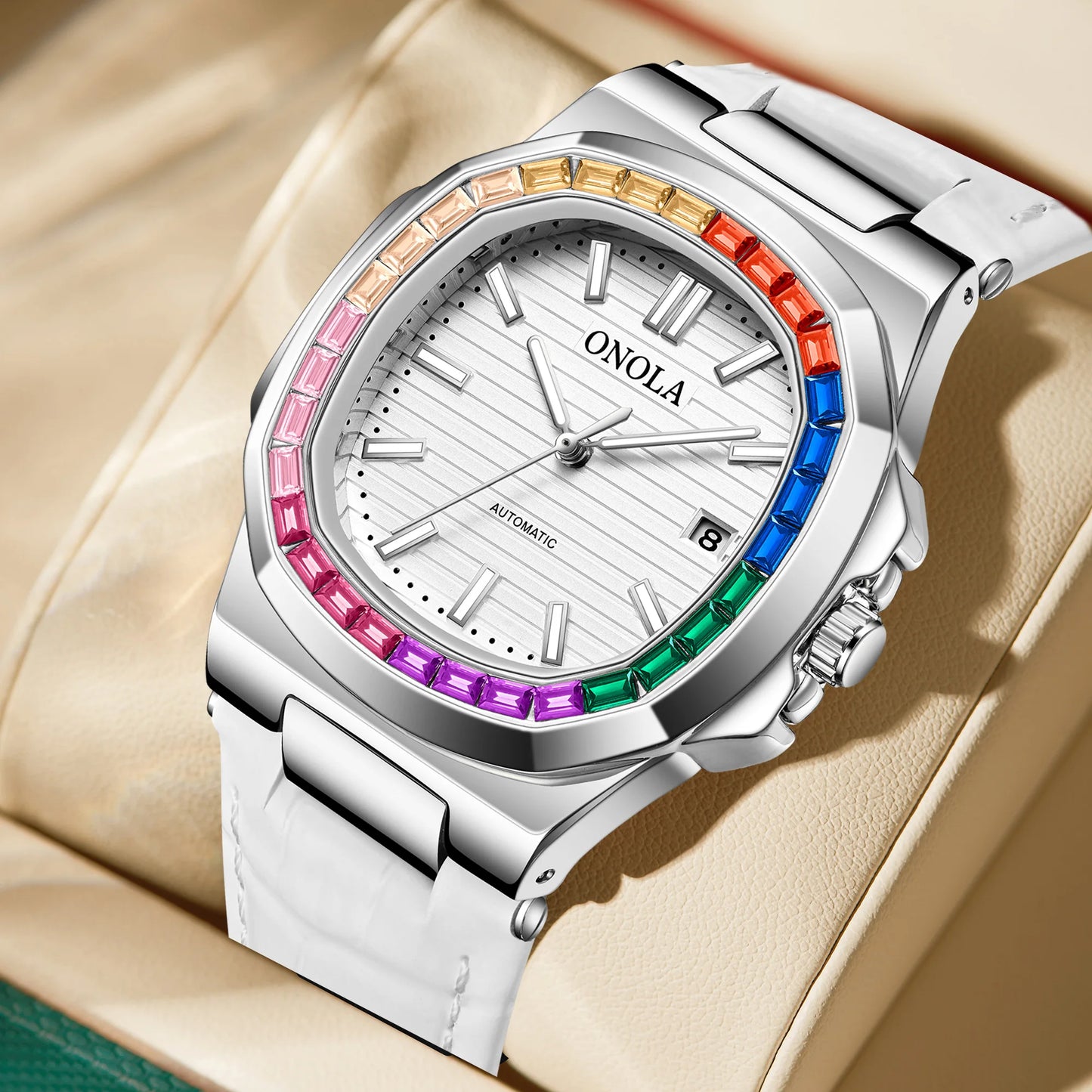 Relojes mecánicos completamente automáticos para hombres y mujeres con diamantes de colores a la moda, reloj de pulsera de cuero resistente al agua ONOLA, reloj para hombres