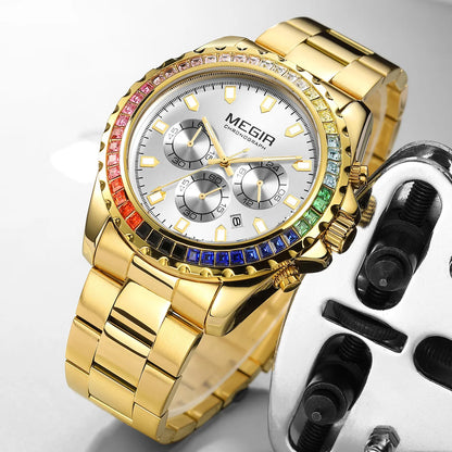 Reloj MEGIR para Hombre, relojes de pulsera originales de lujo con diamantes de cuarzo, Reloj luminoso resistente al agua, relojes de negocios, Reloj con fecha automática para Hombre