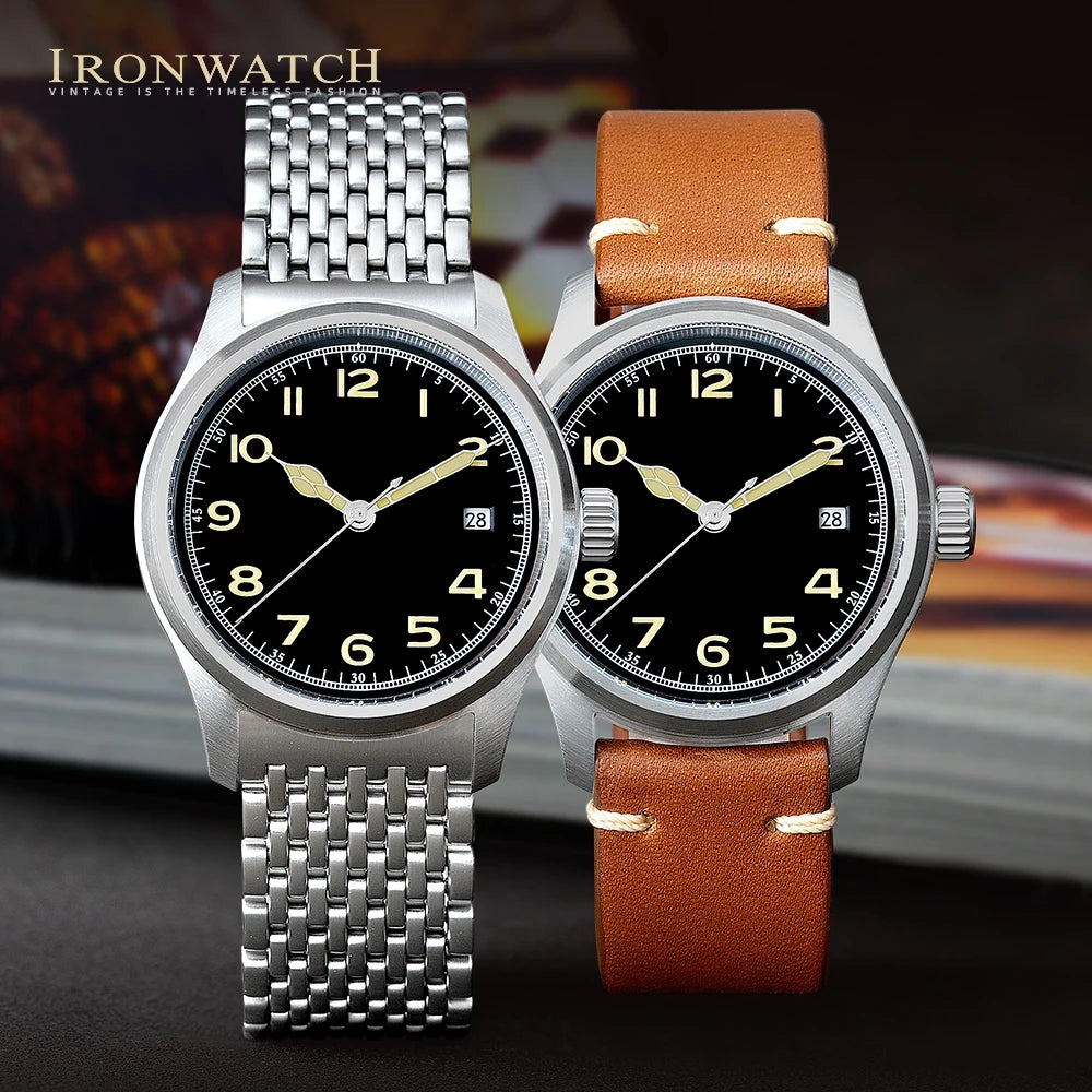 Ironwatch 38mm Military Men's Watches Mechanical Automatic Movement Sapphire Crystal Luminous 10Bar Waterproof Hand Clock