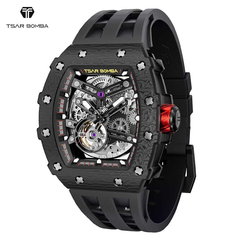 TSAR BOMBA 2024 New Automatic Watch Men Carbon Fiber Bezel Skeleton Luxury Mechanical Watches Clock Waterproof Mens WristWatch