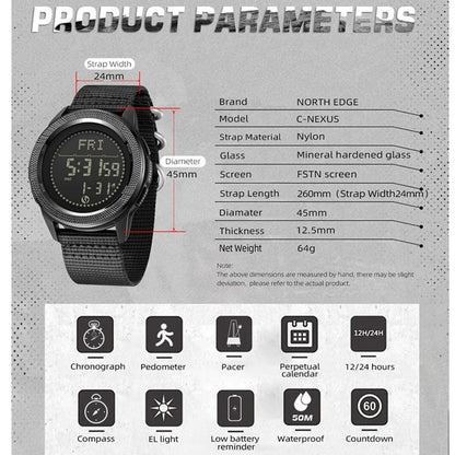 NORTH EDGE メンズ腕時計 新品 C-NEXUS コンパス 防水 ストップウォッチ カーボンファイバー ナイロンストラップ メンズ腕時計 ボックス付き Reloj Hombre