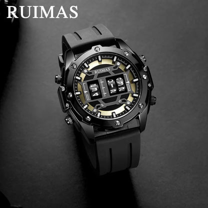 RUIMAS 553, reloj para hombre, moda deportiva, reloj con rodillo creativo, correa de silicona negra y dorada, reloj de pulsera de cuarzo informal para hombre