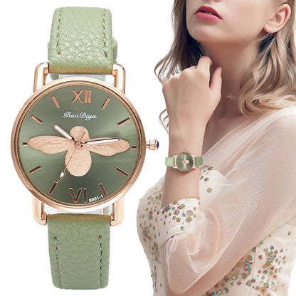 Fashion Casual Female Quartz Clock Simple Little Bee Design Women Watches Vintage Green Leather Ladies Luxury Wristwatches