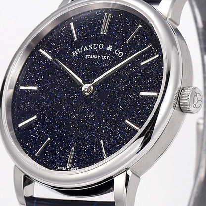 HUASUO 39mm Automatic Mechanical Men's Watch Blue Aventurin Starry Sky Swiss SW300 Movement 5Bar Waterproof Sapphire Crystal