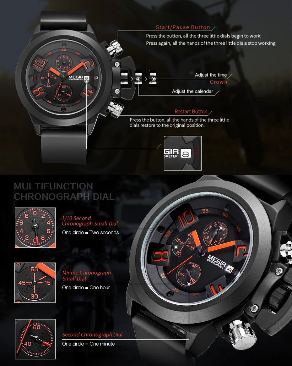 MEGIR 2002 Multi-functional Sports Chronograph Silicone Band Luxury Men Watch Waterproof Calendar Quartz Wristwatch Montre Homme