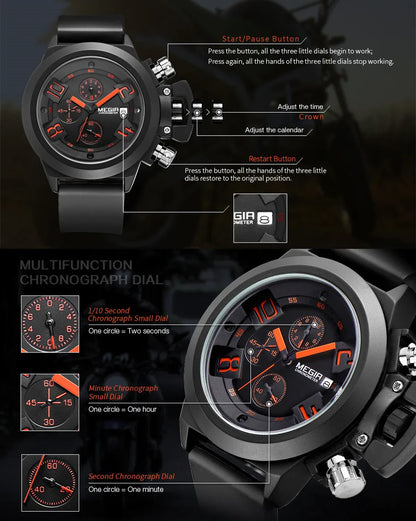 MEGIR 2002 Multi-functional Sports Chronograph Silicone Band Luxury Men Watch Waterproof Calendar Quartz Wristwatch Montre Homme