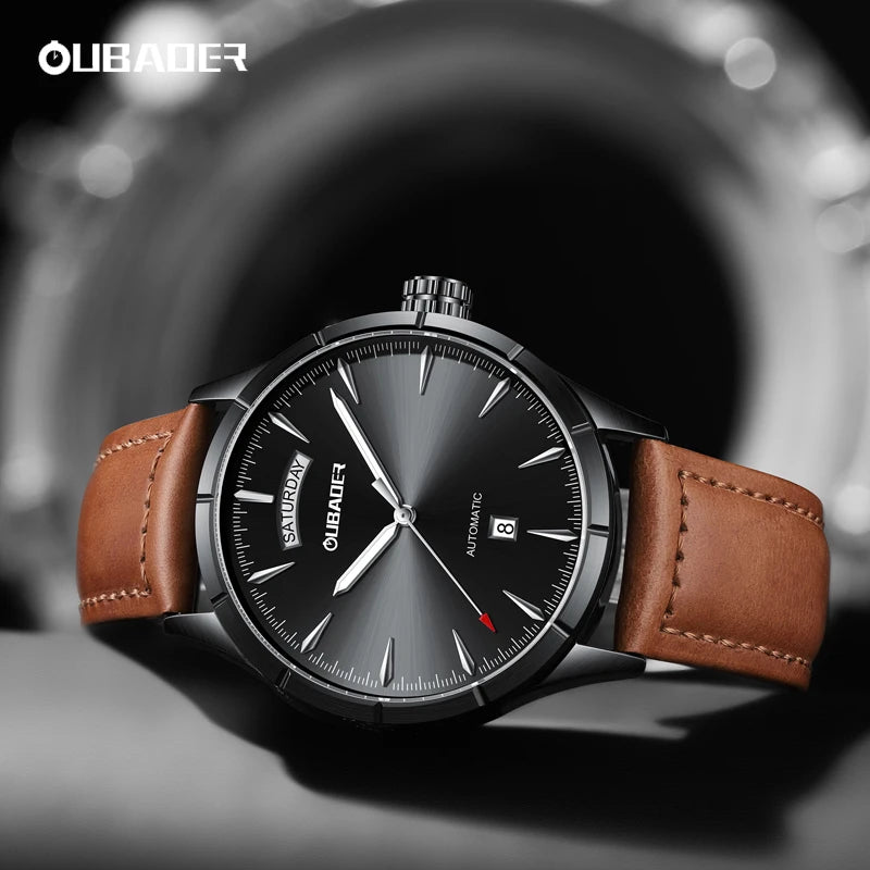 OUBAOER Military Automatic Men’s Watches Leather Day Date Mechanical Dress Wristwatch Waterproof Clock for Men Army Montre Homme