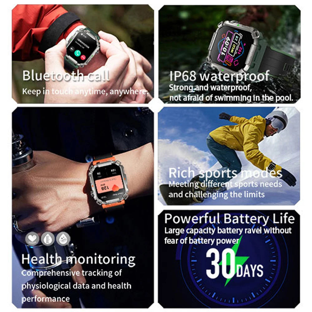 2.01 inch Outdoor Military Smart Watch Men Bluetooth Call Smartwatch For Android IOS IP68 Waterproof Sports Fitness Watches 2024