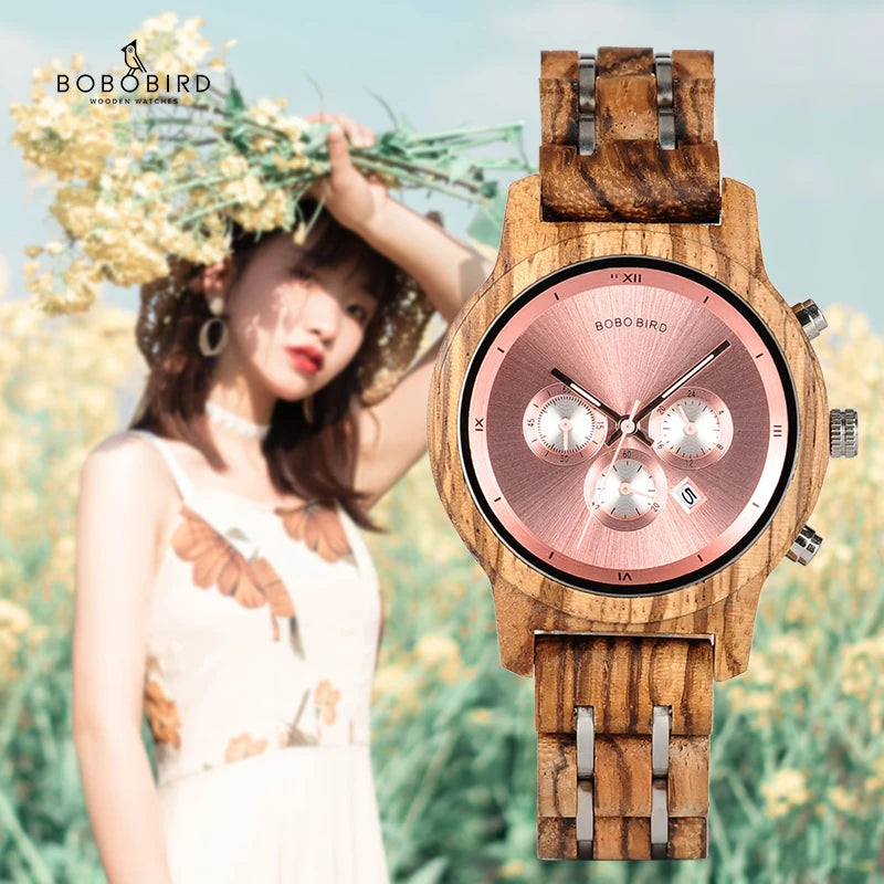 BOBO BIRD Women's Watches Luxury Wooden Watches 3 Sub Dial Chronograph Gift for Ladies Support OEM Dropshipping