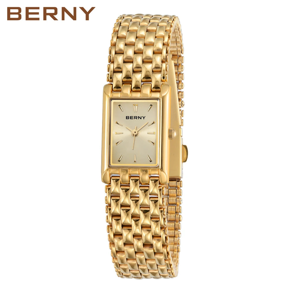 BERNY Gold Watch for Women Square Ladies Quartz Wristwatches Stainless Steel Women Small Gold Watch Luxury Casual Fashion Watch