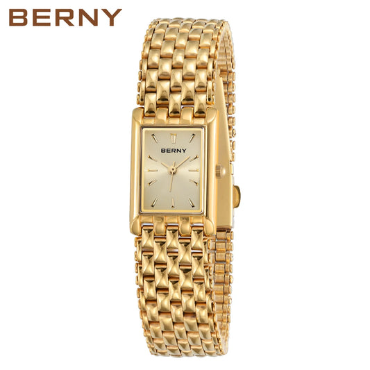 BERNY Gold Watch for Women Square Ladies Quartz Wristwatches Stainless Steel Women Small Gold Watch Luxury Casual Fashion Watch