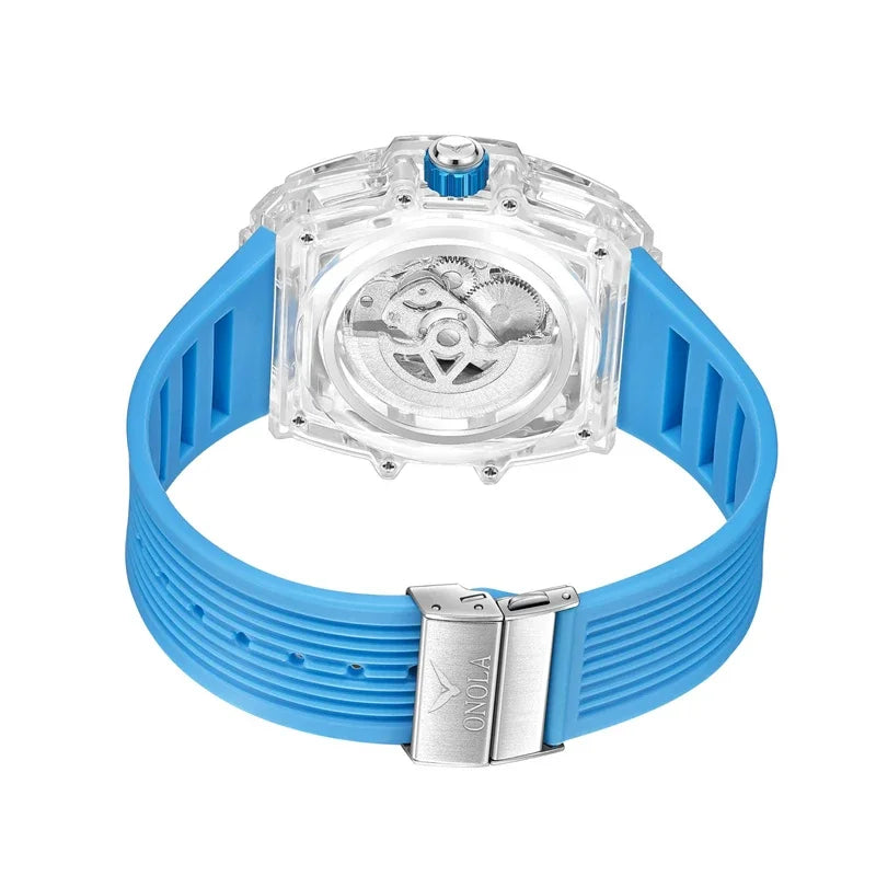 Reloj mecánico totalmente automático para hombre, transparente, ahuecado, a la moda, Tourbillon resistente al agua con cinta ONOLA, reloj para hombre