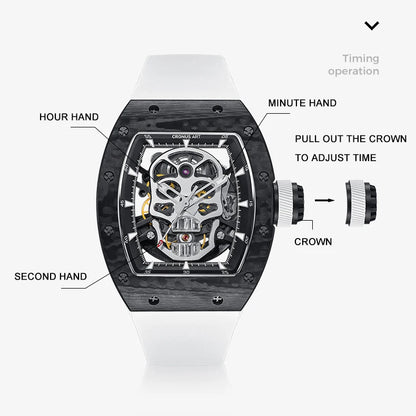 CRONUSART Men Automatic Watch Luxury Tonneau Mechanical Wristwatch Carbon Fibre Case Luminous Fluororubber Strap Skull Dial