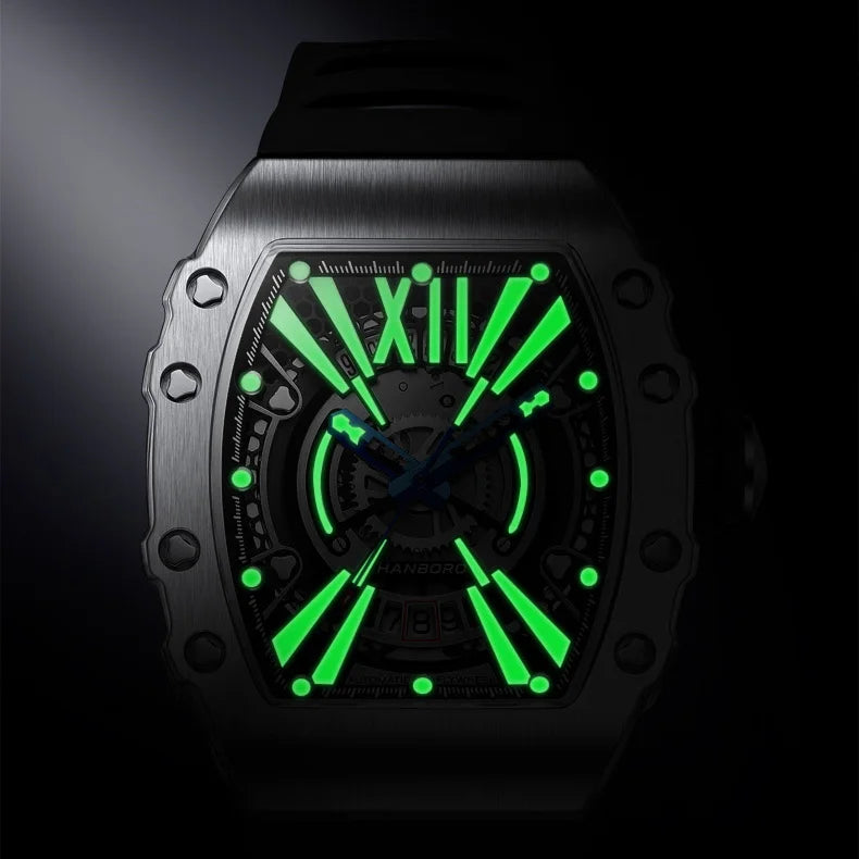 HANBORO Men Automatic Watch Top Luxury Brand Mens Watches Mechanical Wristwatch Luminous Tonneau Case Waterproof Rubber Strap