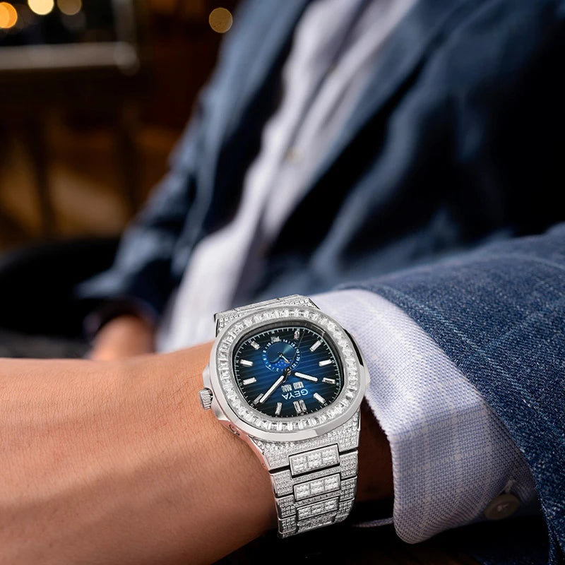 GEYA, relojes mecánicos automáticos de lujo para hombre, relojes luminosos analógicos de moda de acero inoxidable con diamantes de imitación completos para hombre 78099