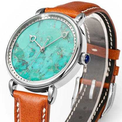 HUASUO Men's Luxury Automatic Wristwatch - Turquoise Dial, Leather Strap, Stainless Steel Case (Model S2488F)