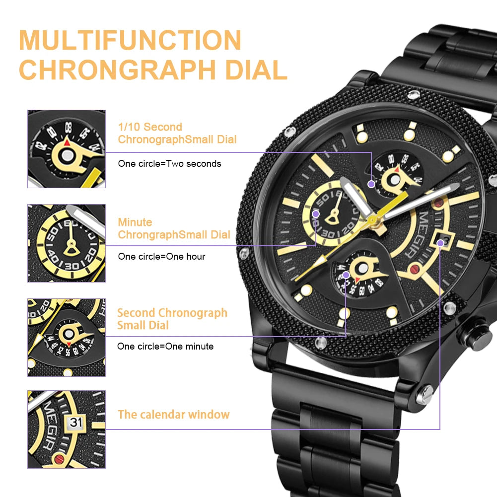 Reloj de cuarzo de marca de lujo MEGIR, relojes de pulsera militares deportivos para hombres, manecillas luminosas, reloj de acero inoxidable resistente al agua, cronógrafo