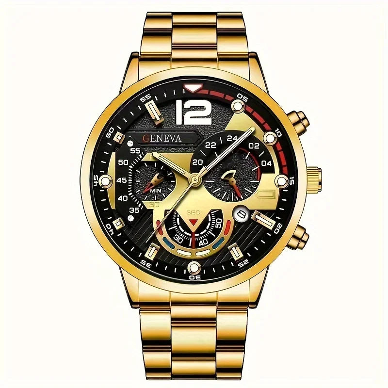 "Zinc Alloy" Elegant Men'S Stainless Steel Quartz Watch With Calendar & Luminous Hands - Business Casual Style