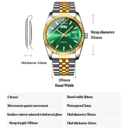 Reloj CHENXI para hombre, marca superior, relojes de cuarzo de acero completo a la moda de lujo para hombre, reloj de pulsera con fecha de negocios para hombre, reloj con esfera dorada