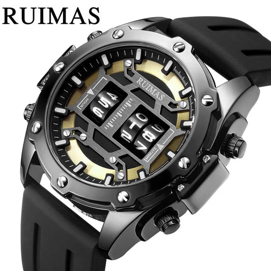 RUIMAS 553, reloj para hombre, moda deportiva, reloj con rodillo creativo, correa de silicona negra y dorada, reloj de pulsera de cuarzo informal para hombre