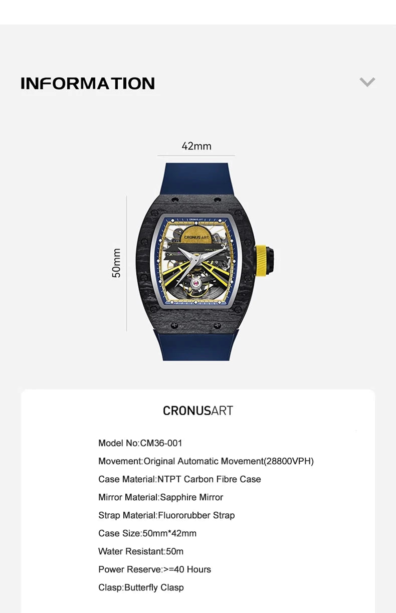 CRONUSART Men Automatic Watch Luxury Tonneau Mechanical Wristwatch NTPT Carbon Fibre Case Luminous Fluororubber Strap Skeleton