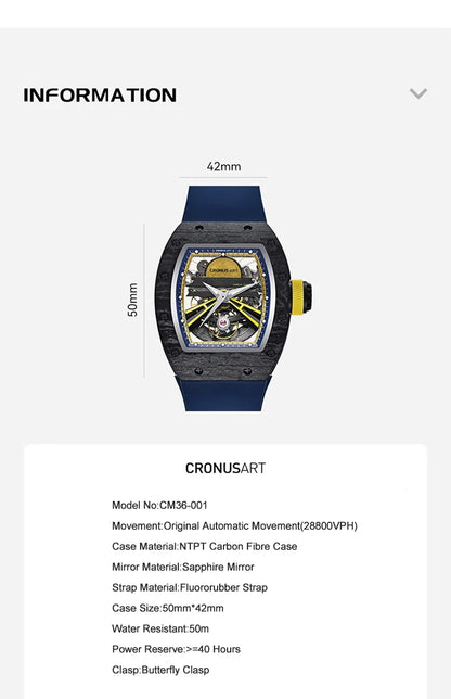 CRONUSART Men Automatic Watch Luxury Tonneau Mechanical Wristwatch NTPT Carbon Fibre Case Luminous Fluororubber Strap Skeleton