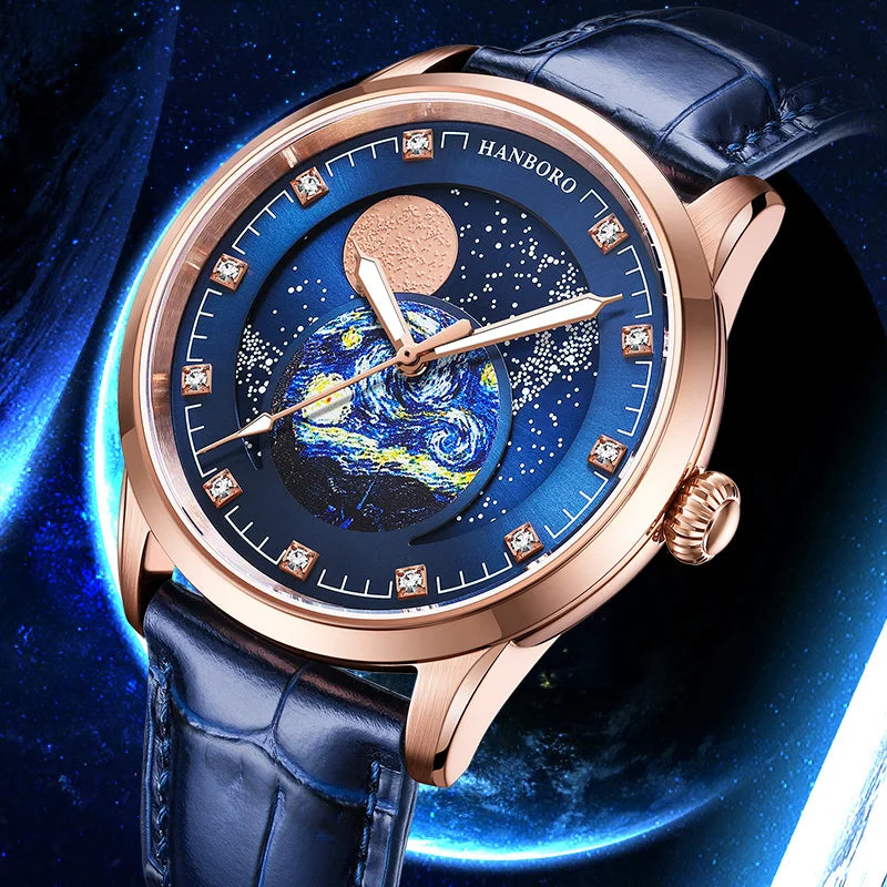 HANBORO Men Automatic Watch Luxury Moon Phase Watches Business Mechanical Wristwatches 50M Waterproof Luminous Sapphire Mirror