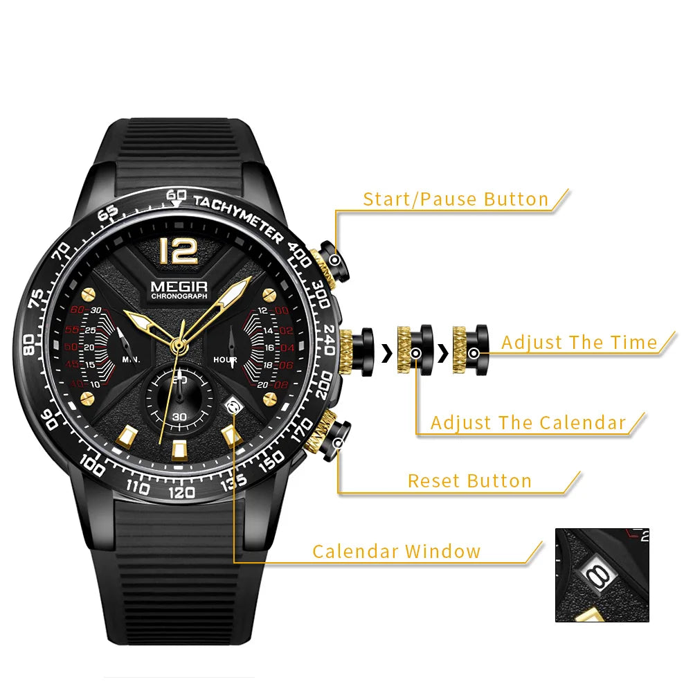 Relojes MEGIR de cuarzo de marca de lujo, Reloj cronógrafo deportivo para Hombre, Reloj militar con manecillas luminosas para Hombre, Reloj de pulsera para Hombre