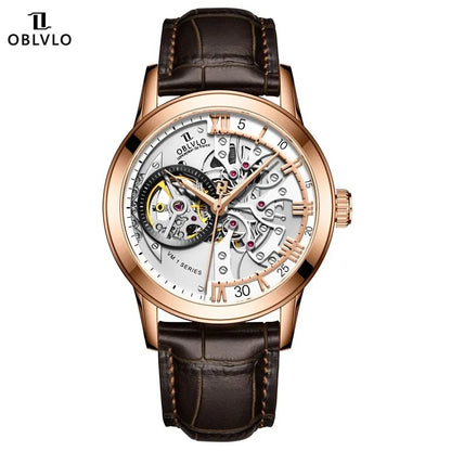 Oblvlo Francia banda Retro para hombre reloj esqueleto automático nuevo reloj de pulsera mecánico acero hueco cristal de zafiro impermeable