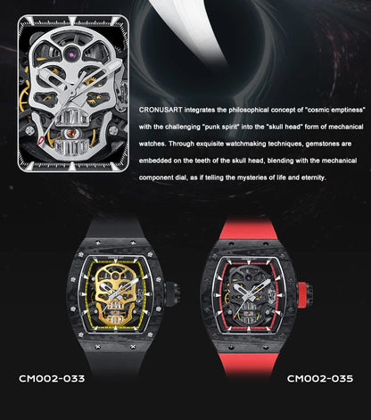 CRONUSART Men Automatic Watch Luxury Tonneau Mechanical Wristwatch Carbon Fibre Case Luminous Fluororubber Strap Skull Dial