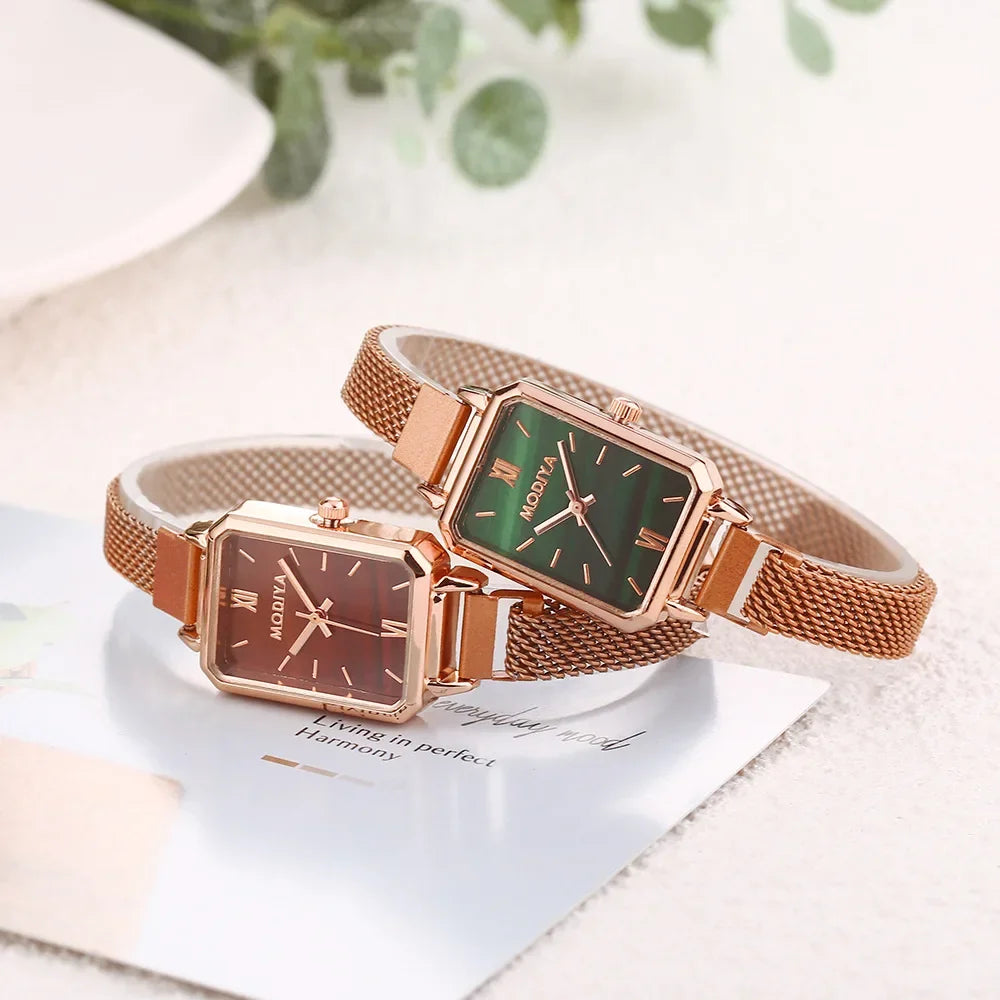 Relojes de mujer, reloj cuadrado de cuarzo a la moda para mujer, correa magnética, esfera verde, malla de oro rosa Simple, relojes de lujo para mujer