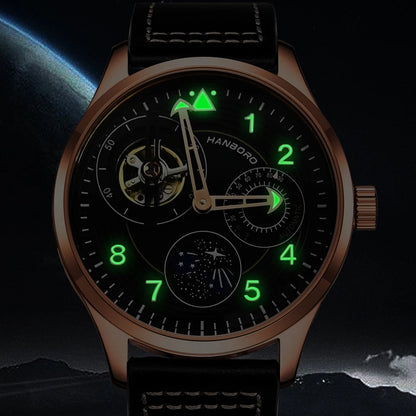 HANBORO Men Luxury Watch 42mm Moon Phase Automatic Mechanical Wristwatch Fashion Waterproof Luminous Skeleton Dial