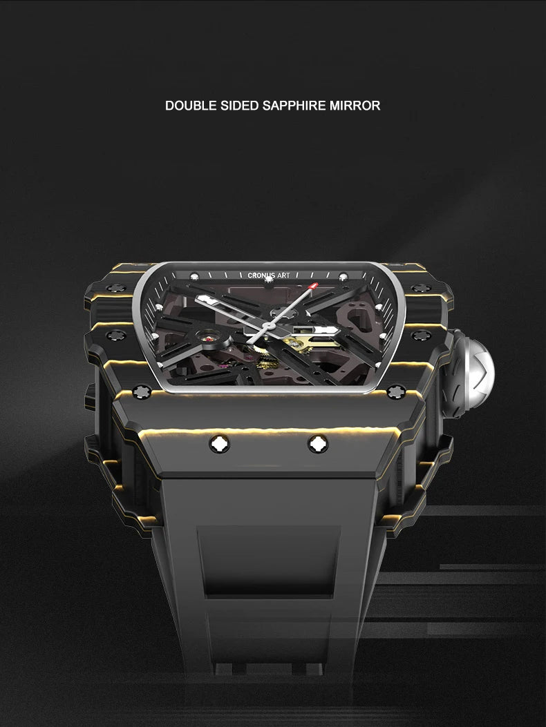 CRONUSART Men Automatic Watch Luxury Mechanical Wristwatch NTPT Carbon Fibre Tonneau Case Luminous Fluororubber Strap Skeleton