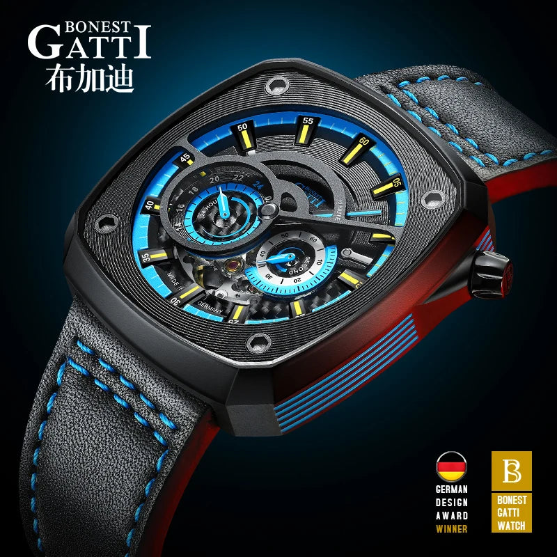 BONEST GATTI Men Automatic Watch Luxury Mechanical Wristwatch Square Skeleton Dial Waterproof Sapphire Luminous Leather Strap