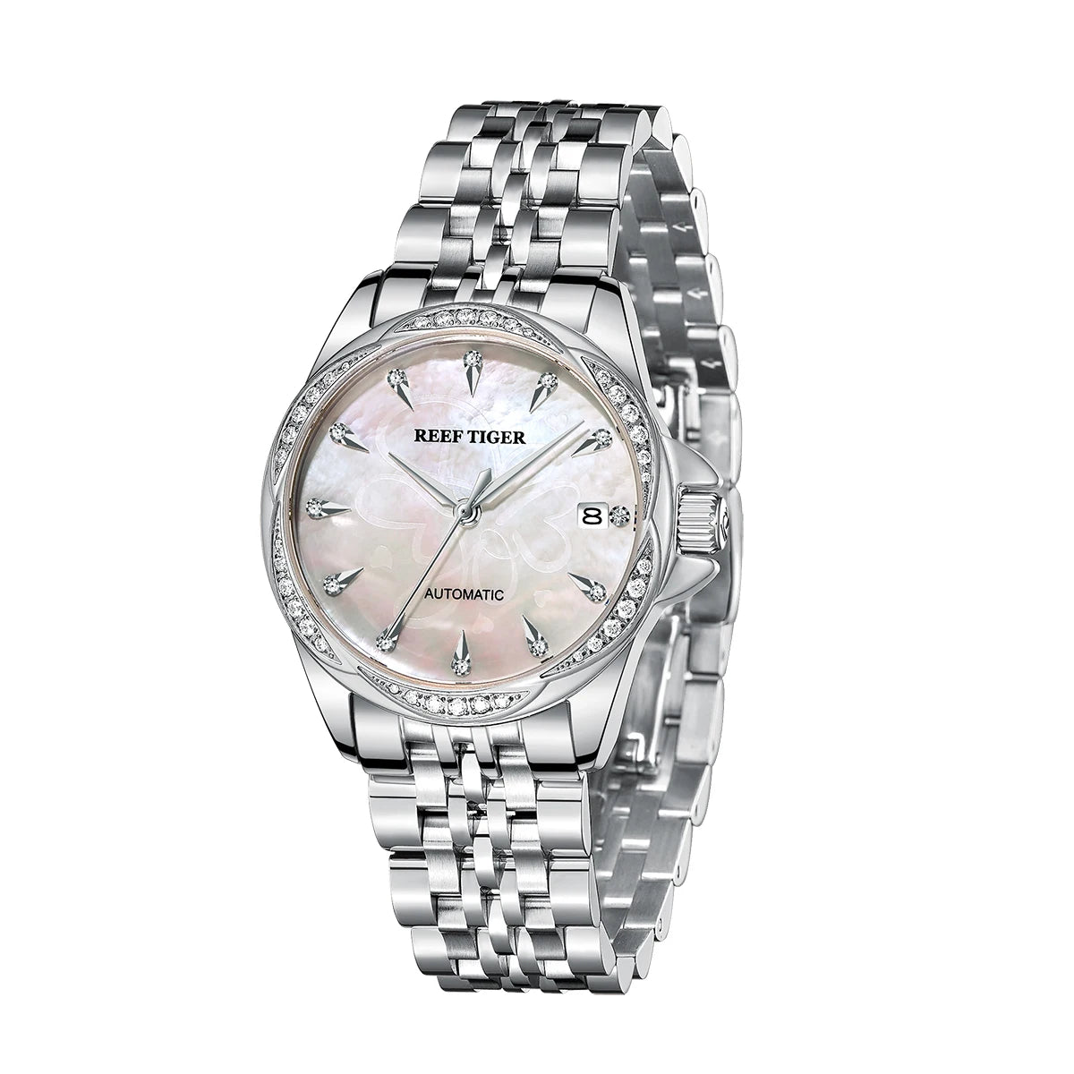 Reef Tiger/RT reloj mecánico de cristal de zafiro para mujer, reloj automático de marca de lujo para mujer, reloj de vestir con diamantes, RGA1583-2